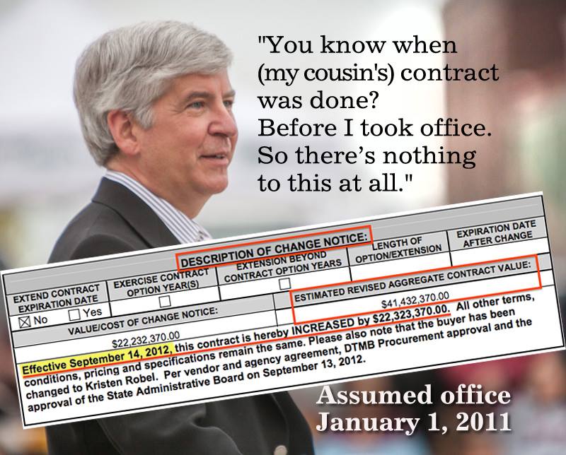 Republican Gov. Snyder lies about $22.2 million increase in cousin’s state contract at public event