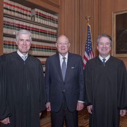 Event Description: The Supreme Court held a special sitting on November 8, 2018, for the formal investiture ceremony of Associate Justice Brett M. Kavanaugh.  President Donald J. Trump and First Lady Melania Trump attended as guests of the Court.  

Photo Caption: Retired Justice Anthony M. Kennedy (center) with his former law clerks, Associate Justice Neil M. Gorsuch (left) and Brett M. Kavanaugh.